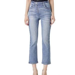 NEW RISEN straight leg asymetrical zipper jeans in light denim